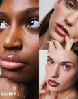 Application du gloss à lèvres éclat nourrissant Melayci, teinte Candy rosée portée avec et sans crayon à lèvres, sur des modèles représentant la diversité : peau noire et blanche.