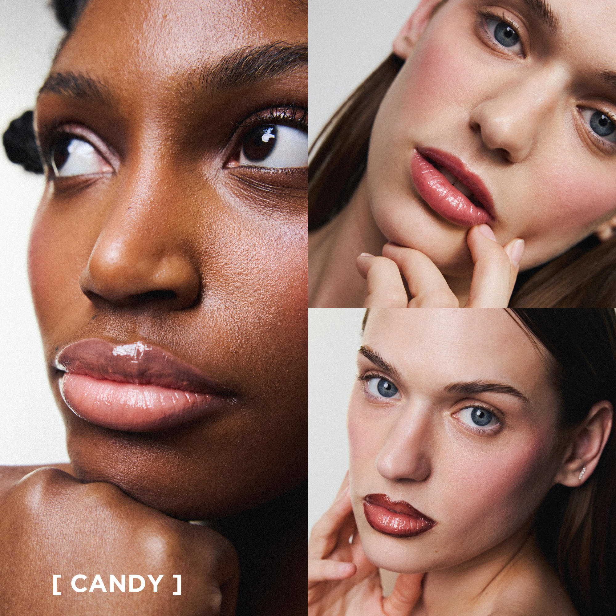 Application du gloss à lèvres éclat nourrissant Melayci, teinte Candy rosée portée avec et sans crayon à lèvres, sur des modèles représentant la diversité : peau noire et blanche.
