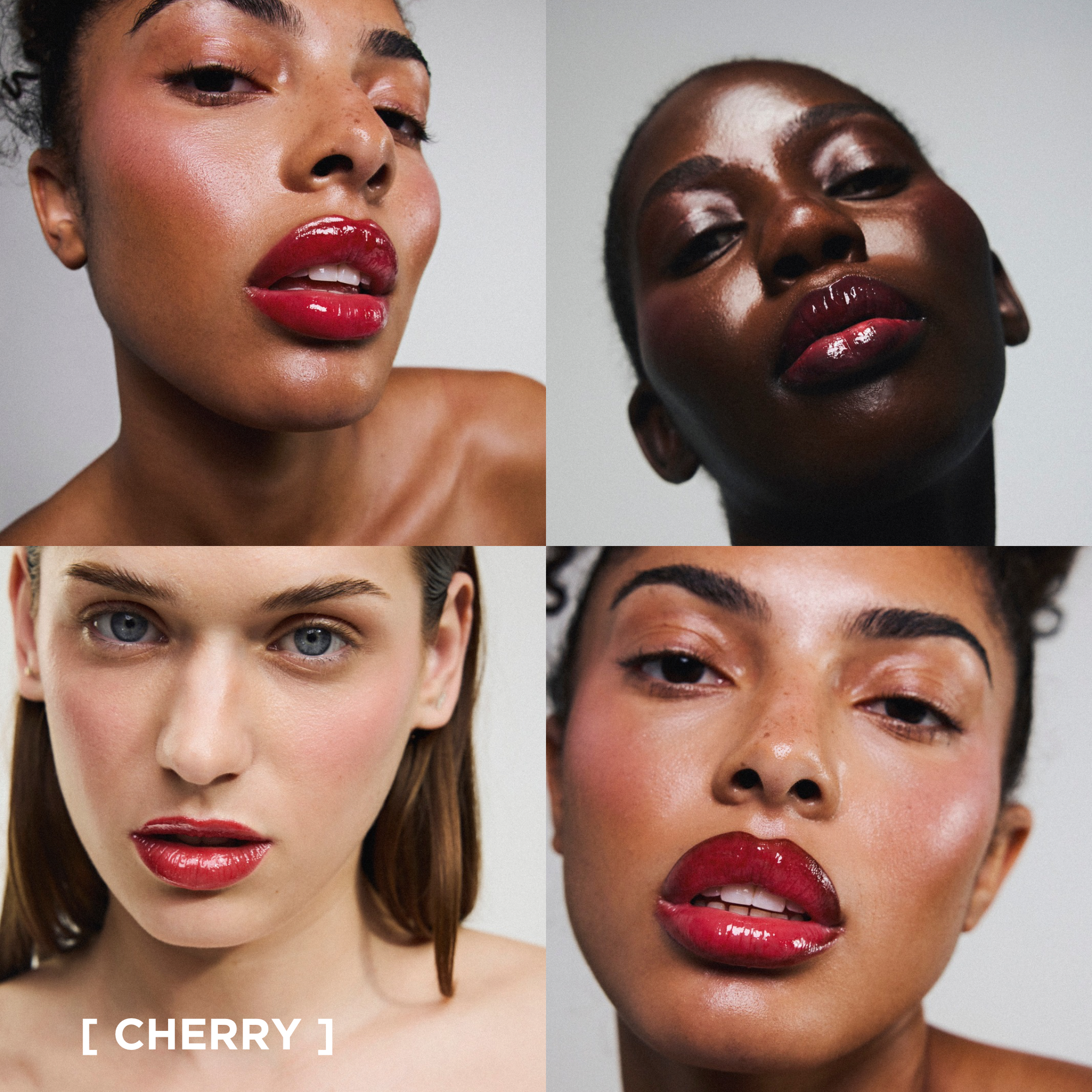 Application du gloss à lèvres éclat nourrissant Melayci, teinte Cherry rouge, sur des modèles représentant la diversité : peau noire, métissée et blanche.

