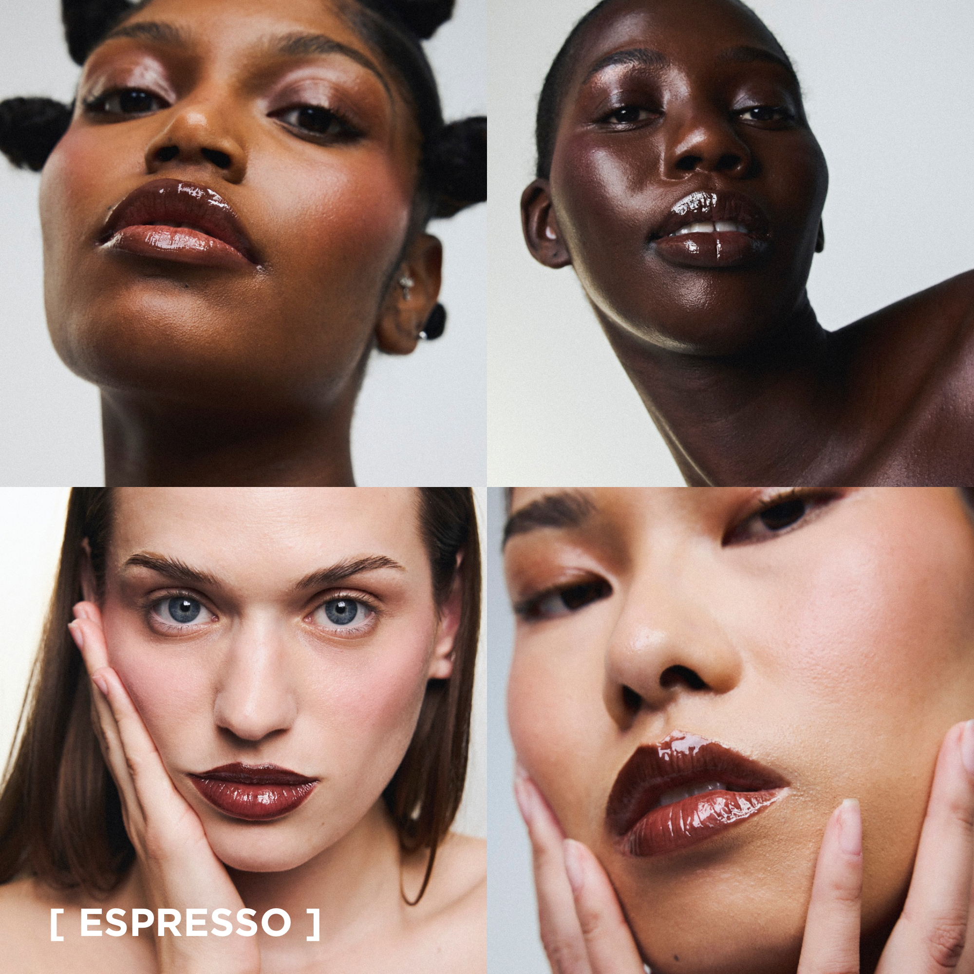 Application du gloss à lèvres éclat nourrissant Melayci, teinte Espresso marron, sur des modèles représentant la diversité : peau noire, mate et blanche.
