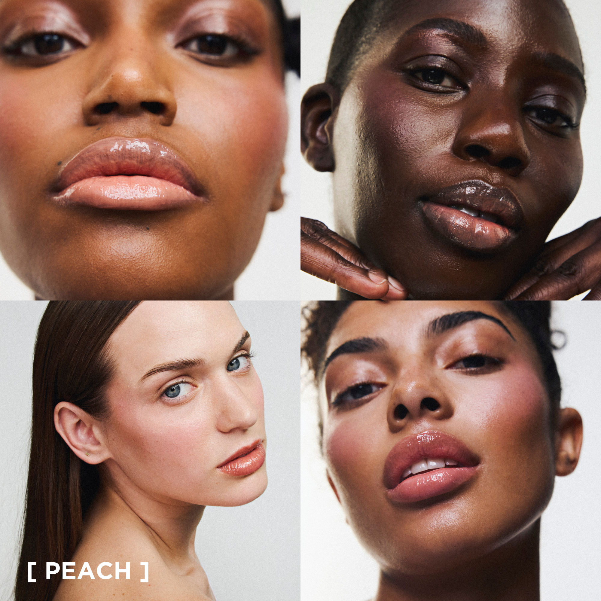Application du gloss à lèvres éclat nourrissant Melayci, teinte Peach beige, sur des modèles représentant la diversité : peau noire, métissée, mate et blanche.