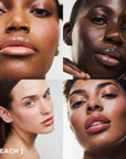 Application du gloss à lèvres éclat nourrissant Melayci, teinte Peach beige, sur des modèles représentant la diversité : peau noire, métissée, mate et blanche.