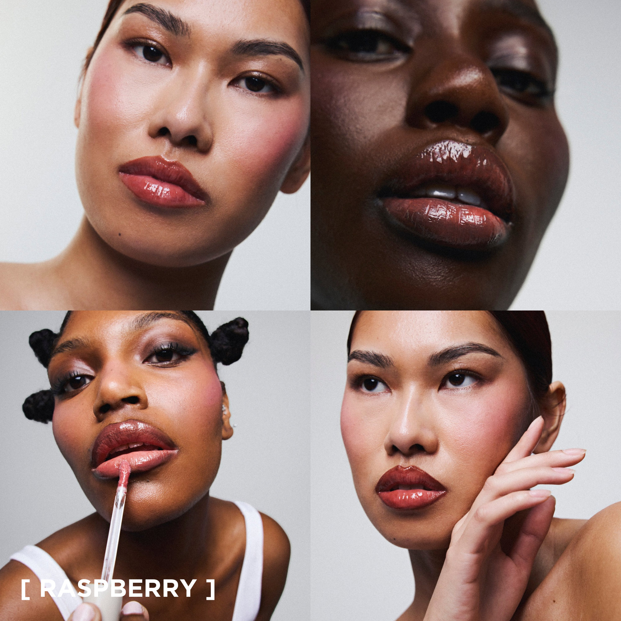 Application du gloss à lèvres éclat nourrissant Melayci, teinte Raspberry, sur des modèles représentant la diversité : peau noire, métissée, mate.
