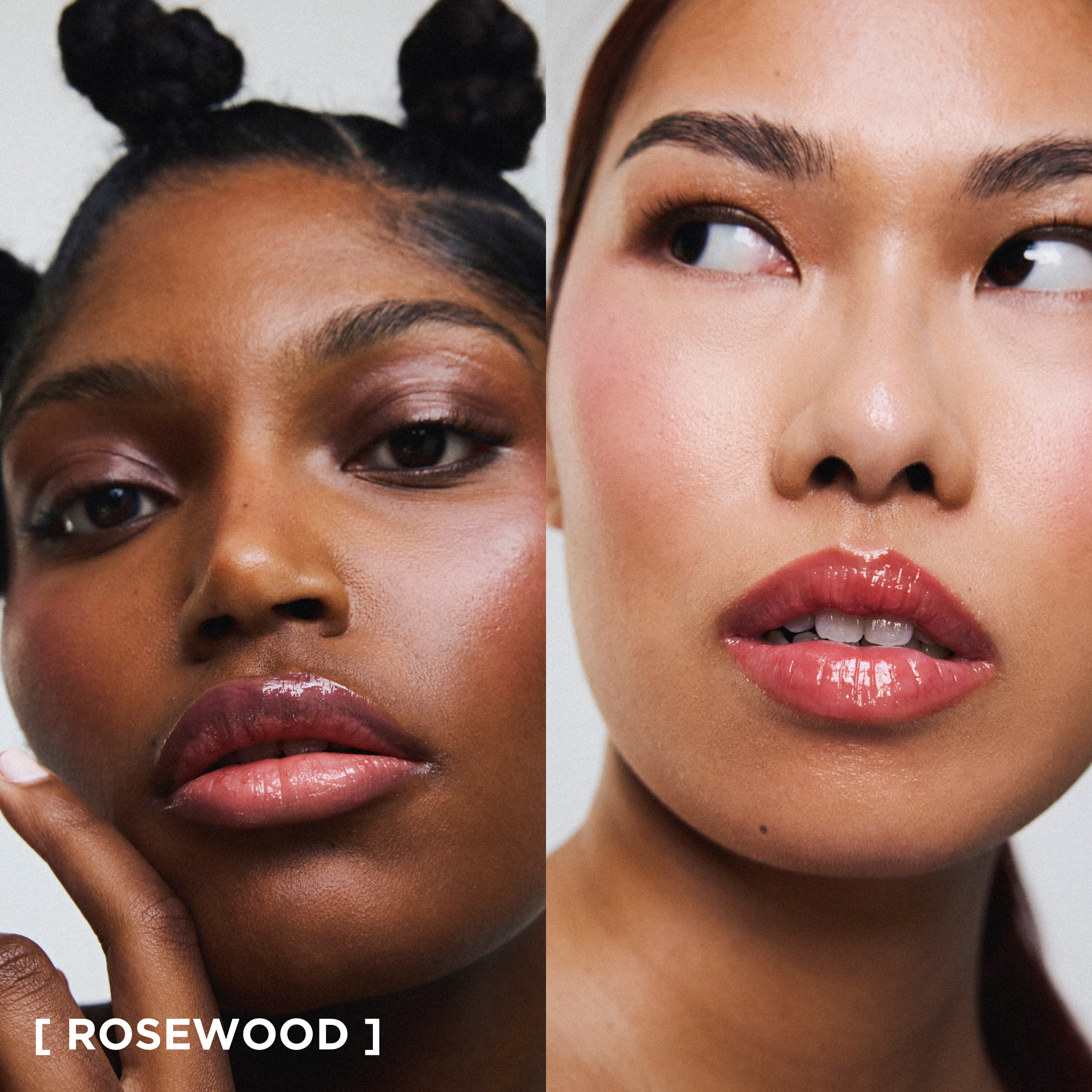 Application du gloss à lèvres éclat nourrissant Melayci, teinte Rosewood, sur des modèles représentant la diversité : peau noire et mate.
